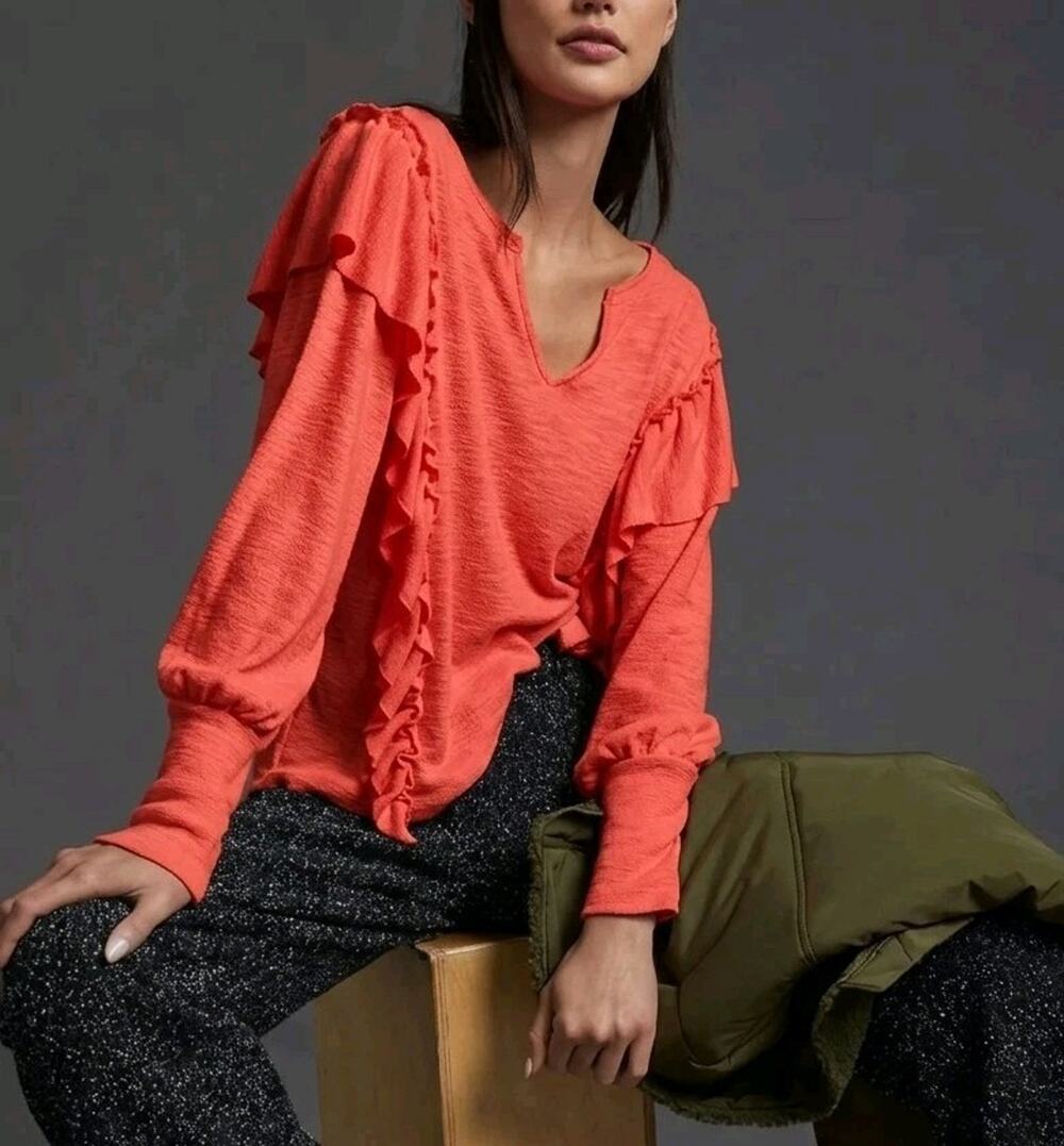 Pilcro Anthropologie Top XS Oversized Coral Red Ruffle Textured Boho Romantic